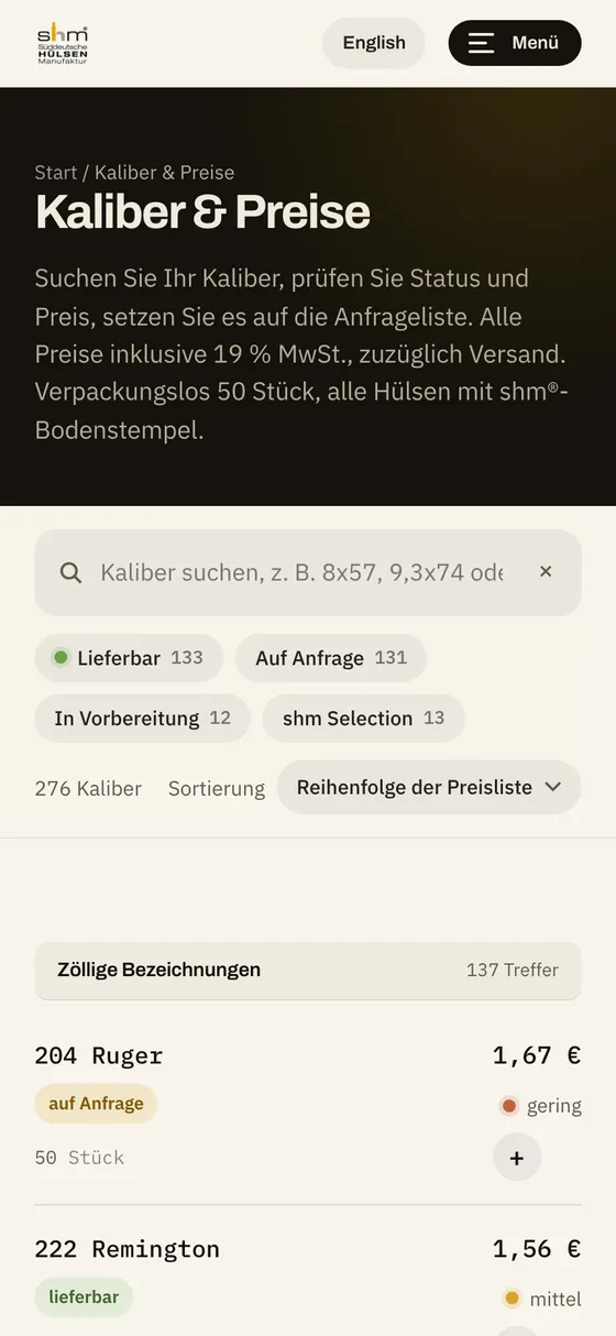 Kaliber und Preise auf dem Handy